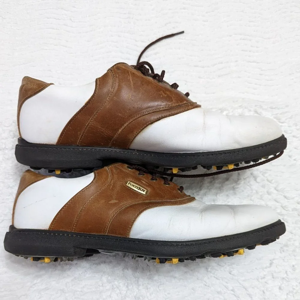 Footjoy Men's SuperLites Spiked Golf Shoes White Brown Style 58049 US Size 10M - Picture 2 of 8